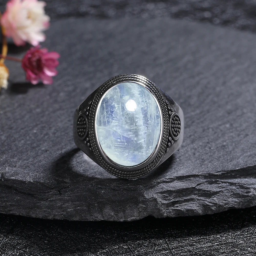 Silver Plated Rings Large Natural 10x14MM Black Agate Ring for Women Men Silver Party Jewelry Tiger Eye Turquoise Lapis