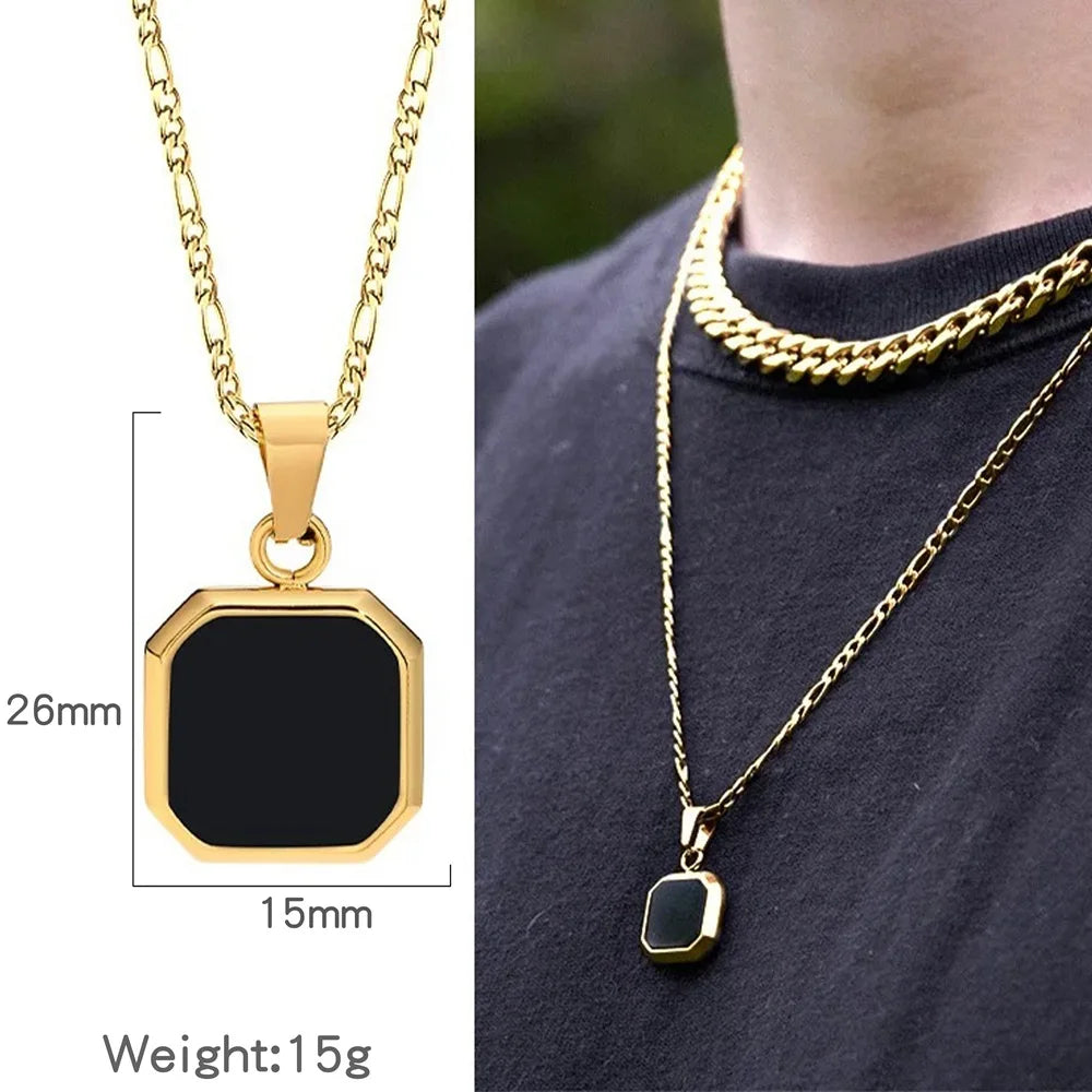 Simple Men Stainless Steel Pendant Necklace Retro Square Black Shell Figaro Chain Necklace Fashion Jewelry Trend Accessories
