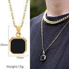 Simple Men Stainless Steel Pendant Necklace Retro Square Black Shell Figaro Chain Necklace Fashion Jewelry Trend Accessories