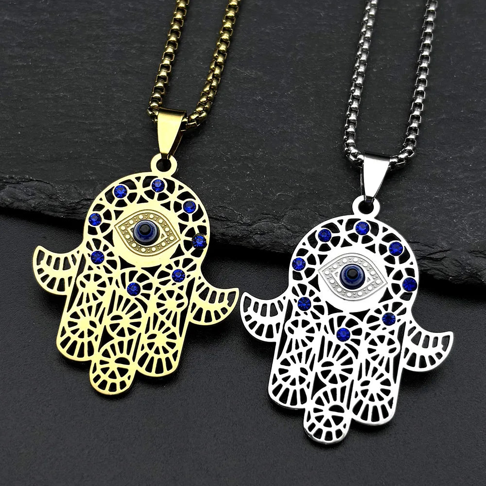 Turkish Evil Eye Hamsa Hand Necklace — Blue CZ, Stainless Steel