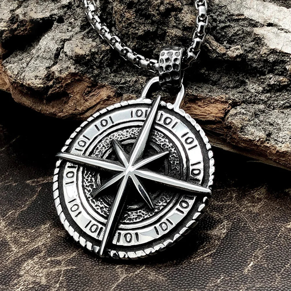 Voyager Vintage Viking Compass Pendant Necklace For Men Punk Hip Hop 316L Stainless Steel Biker Cross Necklace Jewelry