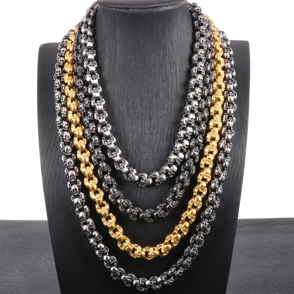 12MM Width Men's Stainless Steel Skull Head Link Chain Necklace Punk Rock On Neck Skeleton Jewelry Gothic Style