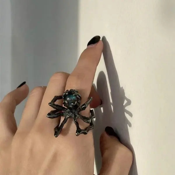 Gothic Spider Web Wide Open Ring Antique Silver — Zinc Alloy