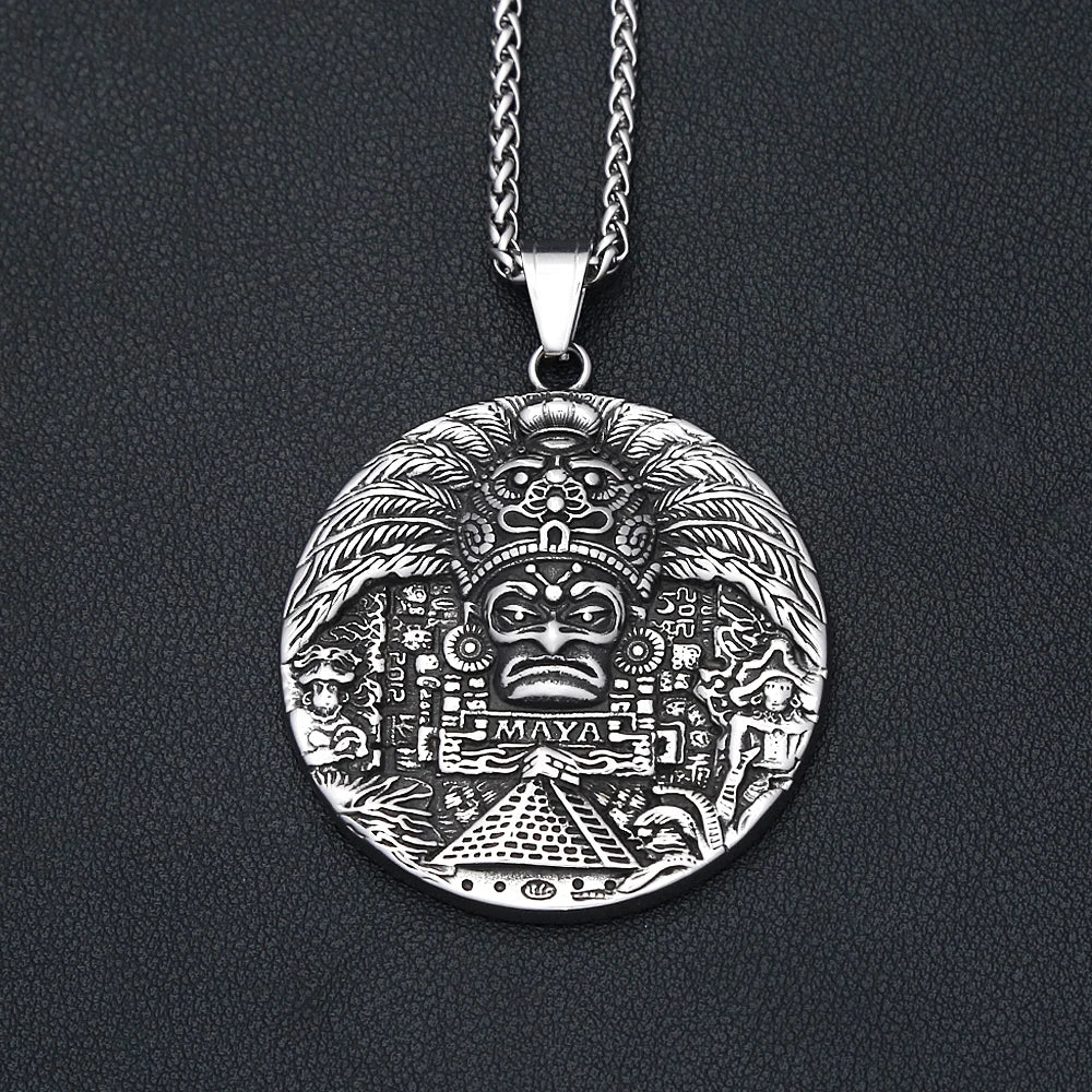 Aztec Steel Pendant Vintage Mayan Pattern Big
