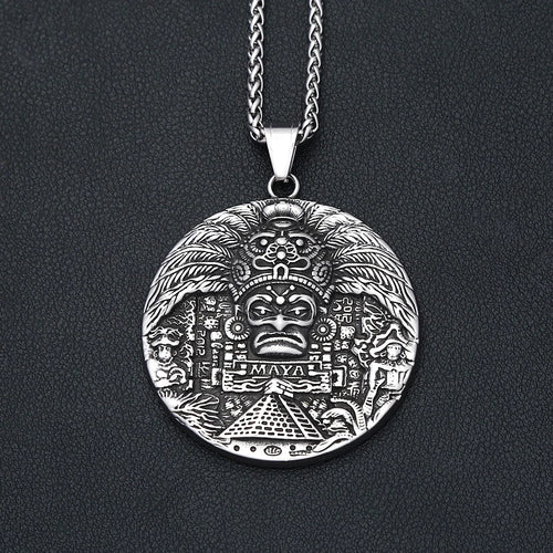 Aztec Steel Pendant Vintage Mayan Pattern Big