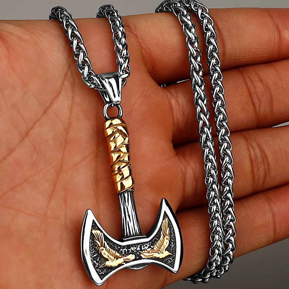 Viking Odin Raven Huginn and Muninn Double Axe Titanium Steel Stainless Steel Necklace Pendant Men's Scandinavian