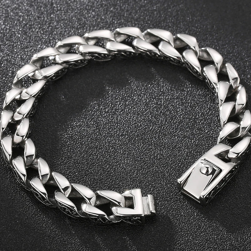 Retro 10 Inches Rose Line Man Bracelet Men Black Onyx Inset Stainless Steel Men's Bracelets Curb Chain Mannen Armband