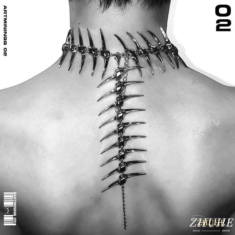 ZHUHE The Thorny Fishbone Necklace In Cyberpunk Style Is A Jewelry Accessory For Men And Women And A Party Gift