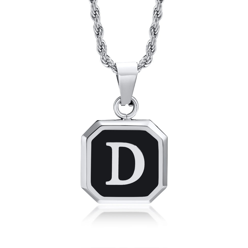 Initials Necklaces for Men Women,A-Z 26 Letters Black Square Stainless Steel Pendant Collar,45-60CM Twisted Rope Chain
