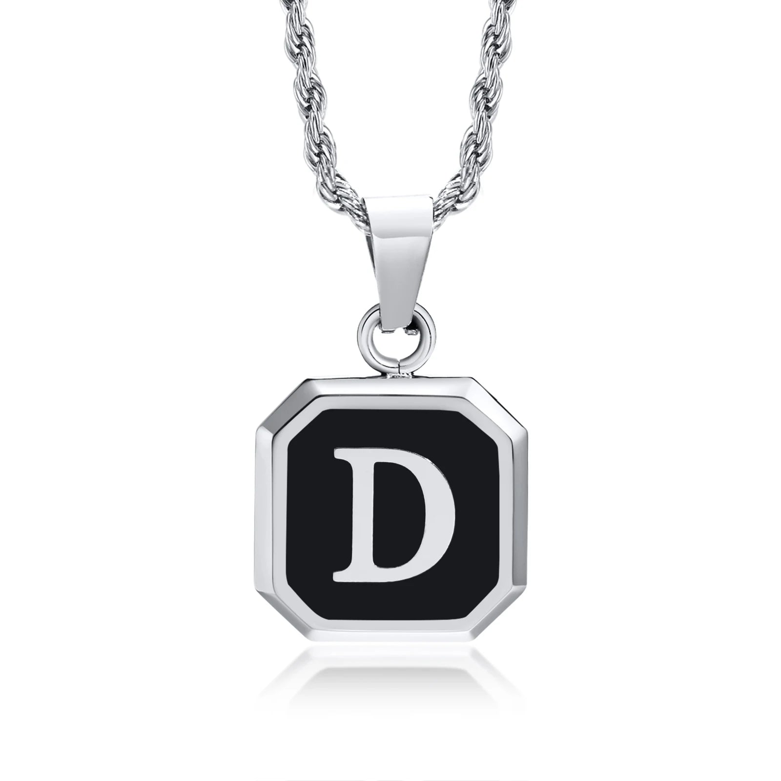 Initials Necklaces for Men Women,A-Z 26 Letters Black Square Stainless Steel Pendant Collar,45-60CM Twisted Rope Chain
