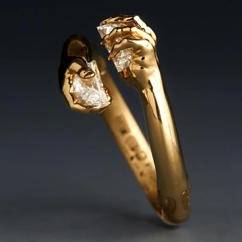 Hug Hands Open Adjustable Ring — Gold-Tone, Clear Stones