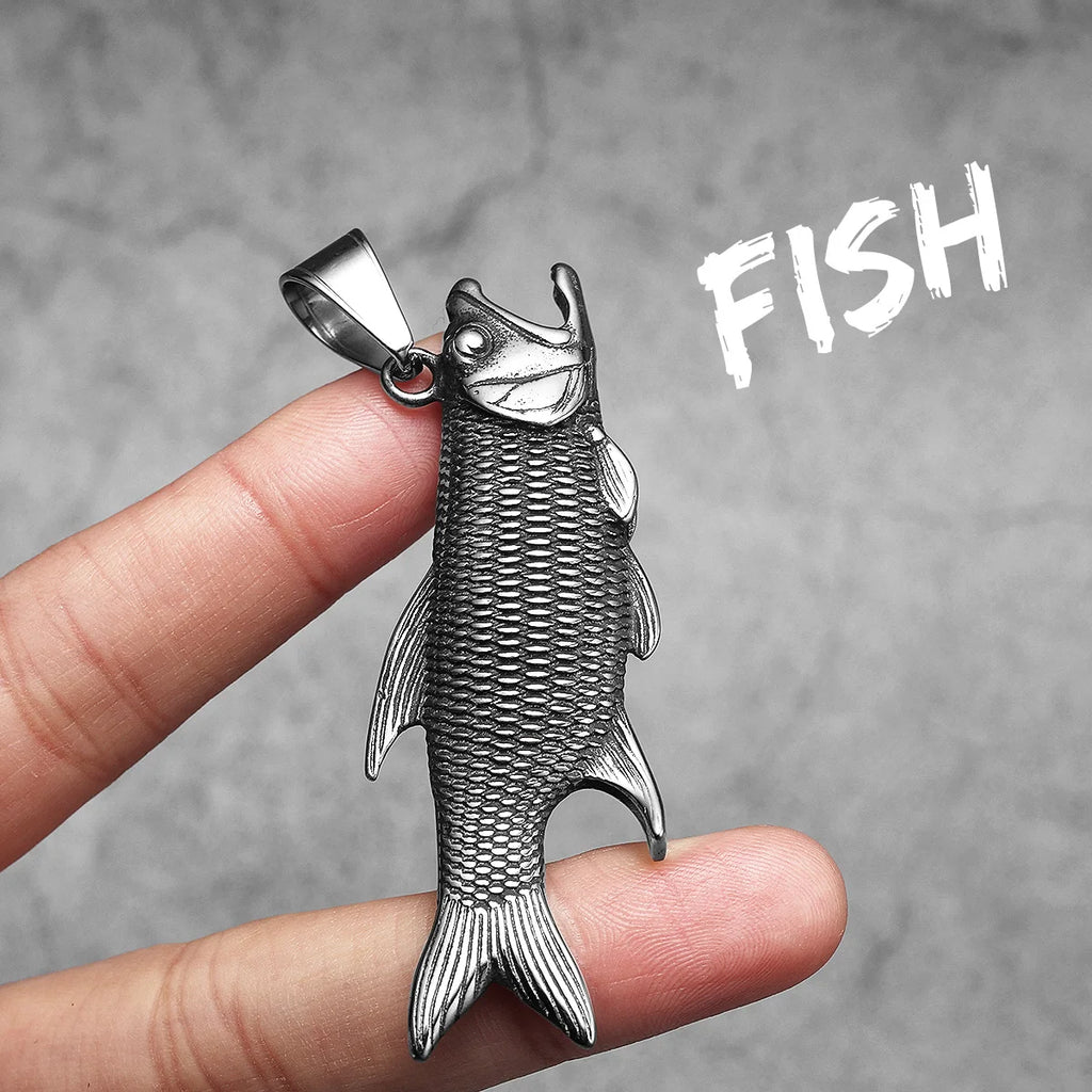 Vintage Fish Trout Men Necklaces with Pendant Stainless Steel Punk Jewelry Cool for Angler Gift Daily Wear Hip Hop Accessories