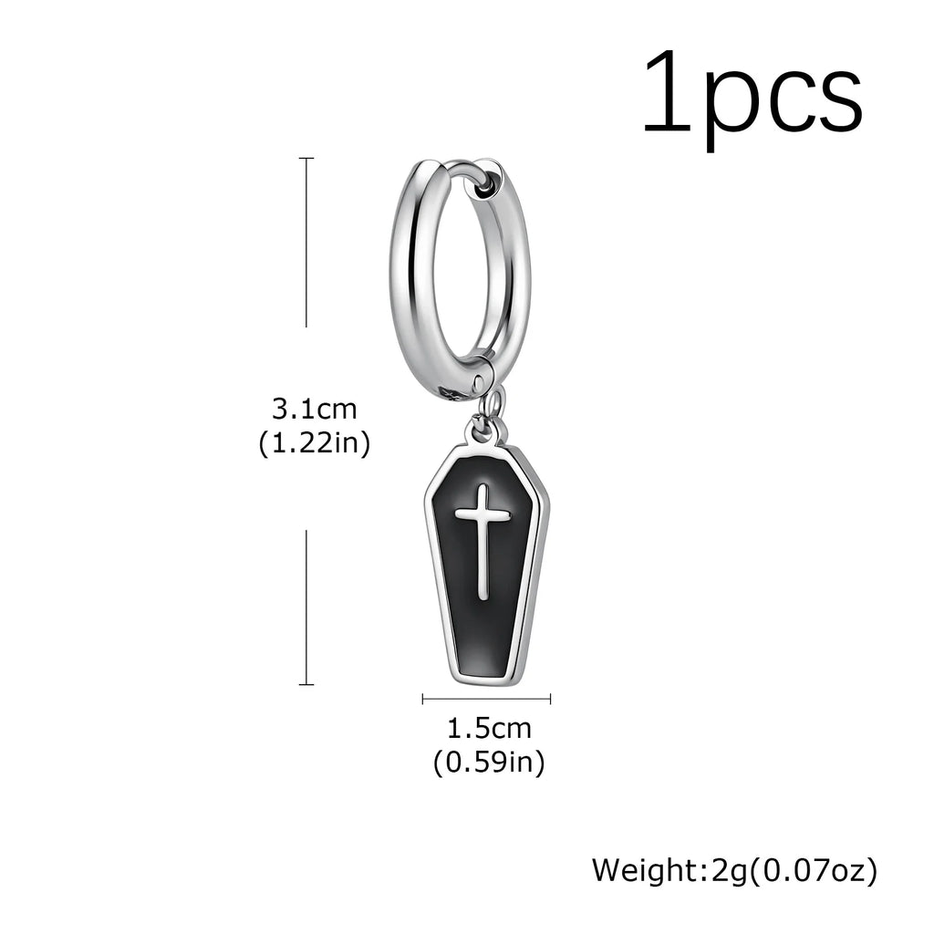 Gothic Coffin Cross Dangle Earrings for Men — Stainless Steel