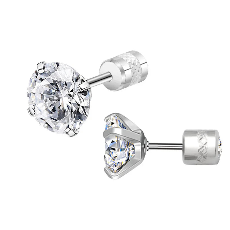 1 Pair 3-8mm Classic Round/Flat Back Screw Stud Earrings for Women/Men Stainless Steel  Shiny Zircon Crystal Piercing Jewelry