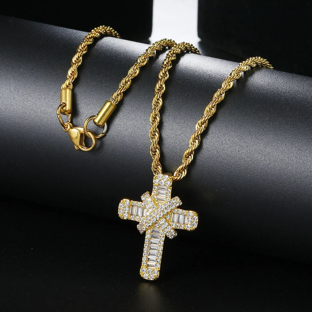 Cross Pendant Rope Box Chain Necklace Iced Out CZ