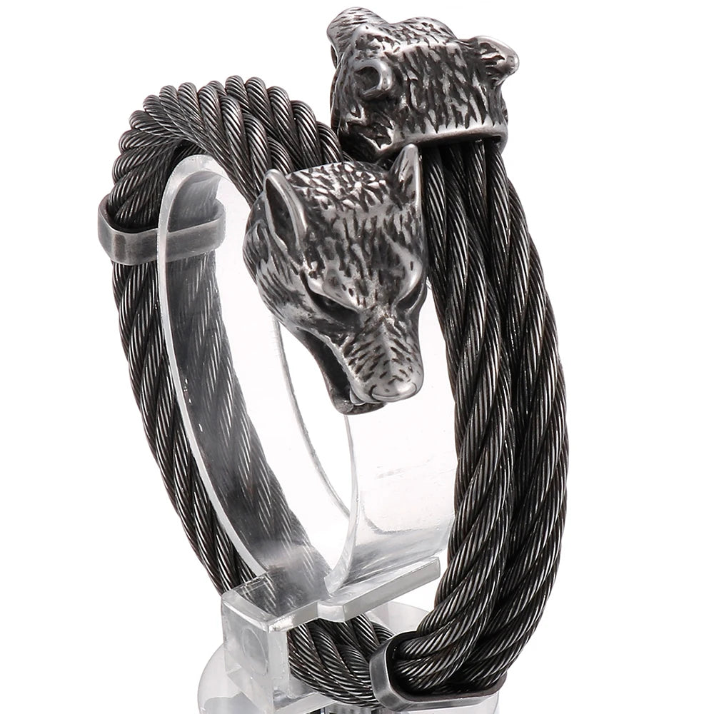Viking Wolf Head Twisted Cable Open Cuff Bangle Bracelet For Men Stainless Steel Men's Bracelets Rock Roll Jewelry