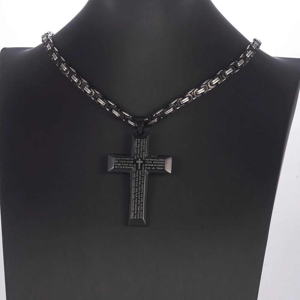 Bible Cross Pendant Necklace Byzantine Chain — Stainless Steel