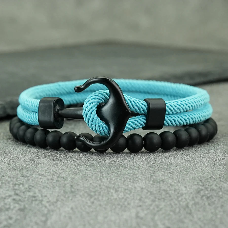 Stylish 2Pcs Men Anchor Bracelet Set Grade A 4mm Cord Sweat Wicking Sports Wrist Accessories Perfect Gift For Him
