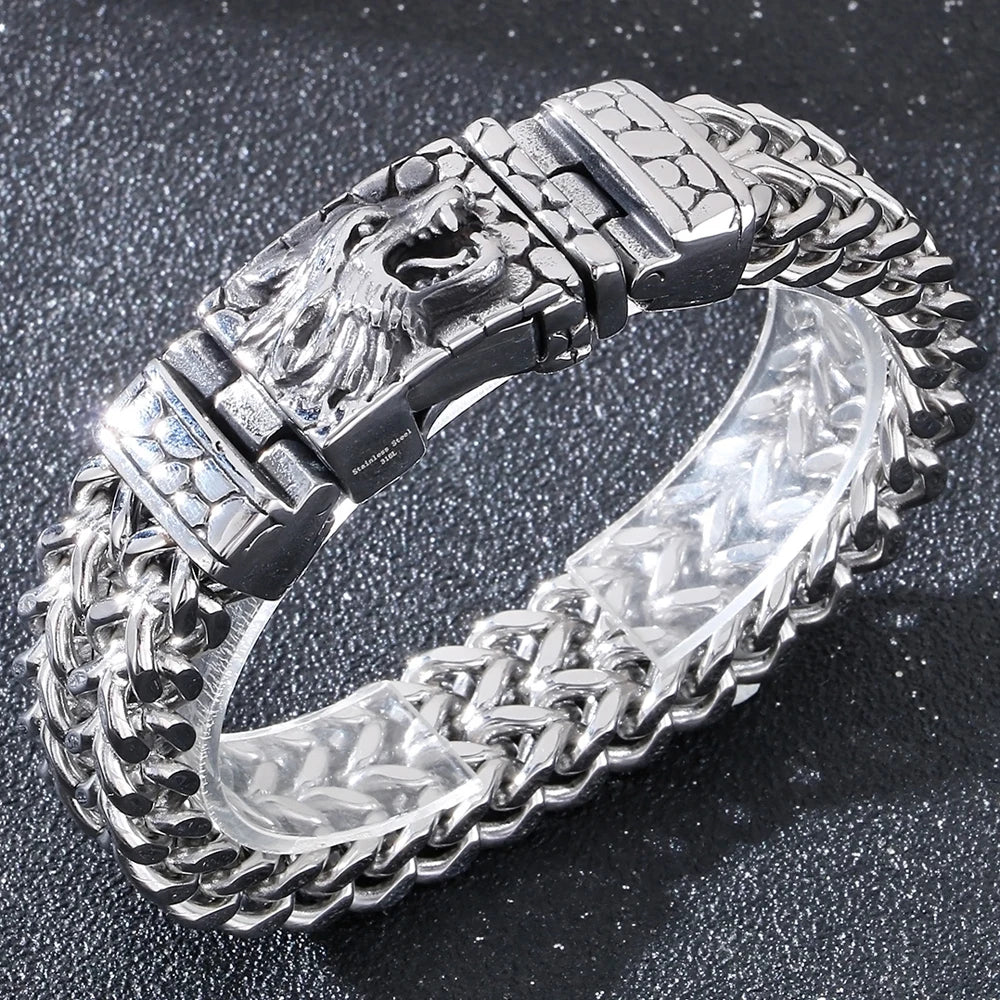 Cool Punk Chinese Loong Dragon Head Bracelet for Man 16MM Width Double Layer Square Franco Chain Bracelets Men's Male