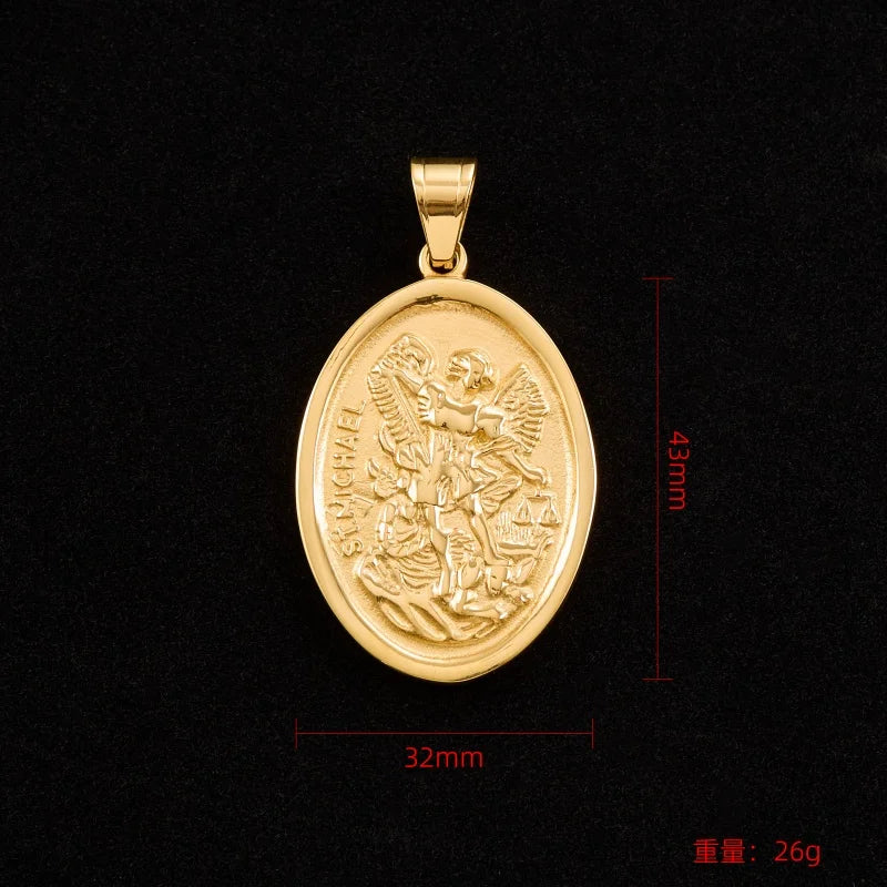 Catholic Saint Michael Round Pendant — Gold-Tone Metal