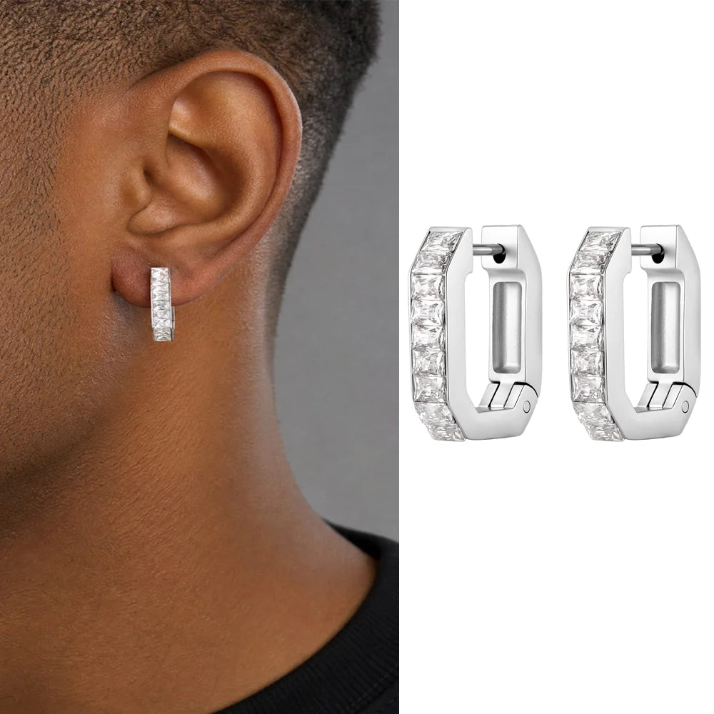 Men's U-shaped White Zircon Hoop Earrings, Fashion High Quality Waterproof Stainless Steel Earrings, Simple Fashion Jewelry