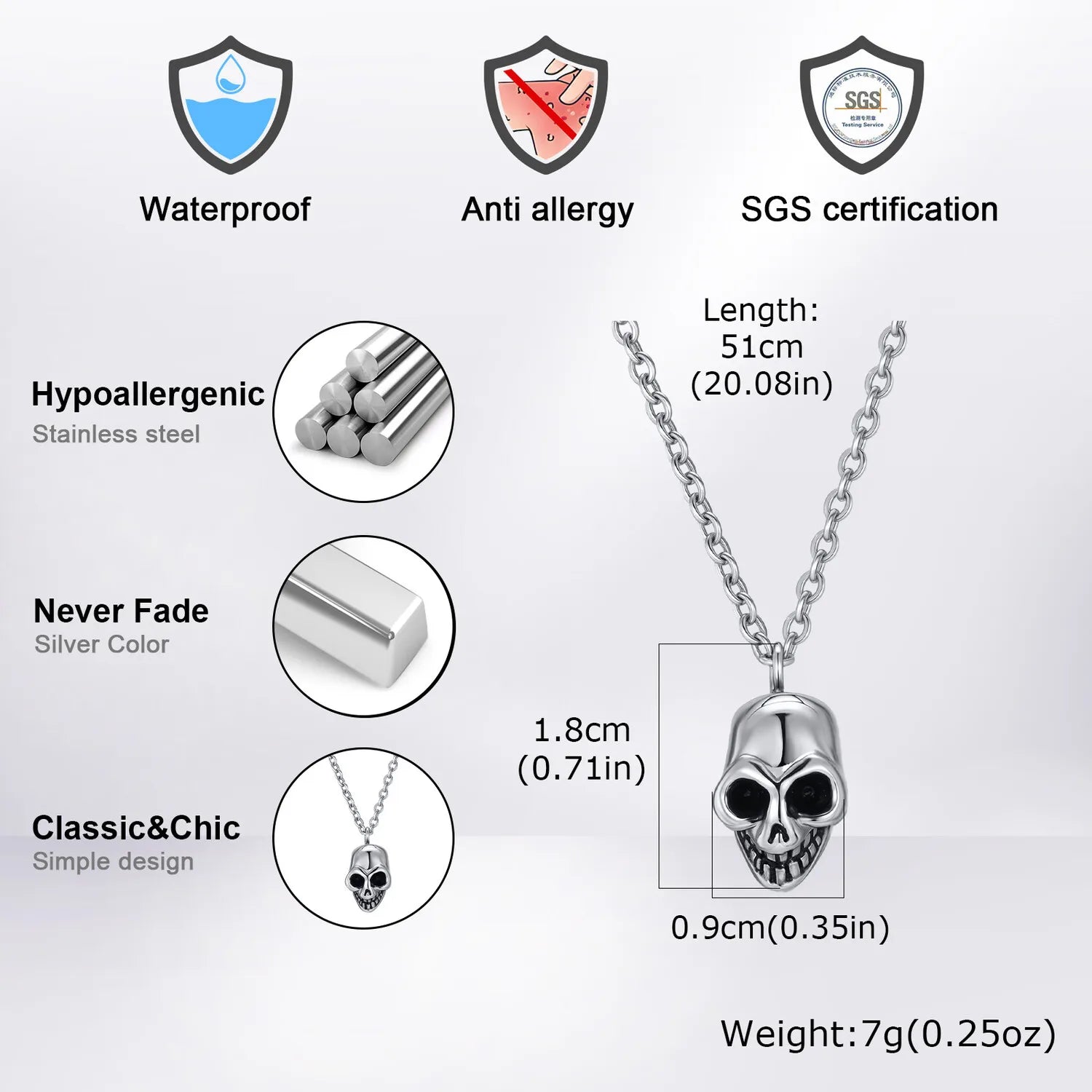 Retro Punk Stainless Steel Skull Necklace for Men,Rock Small Personality Pendant Necklace,Halloween Jewelry