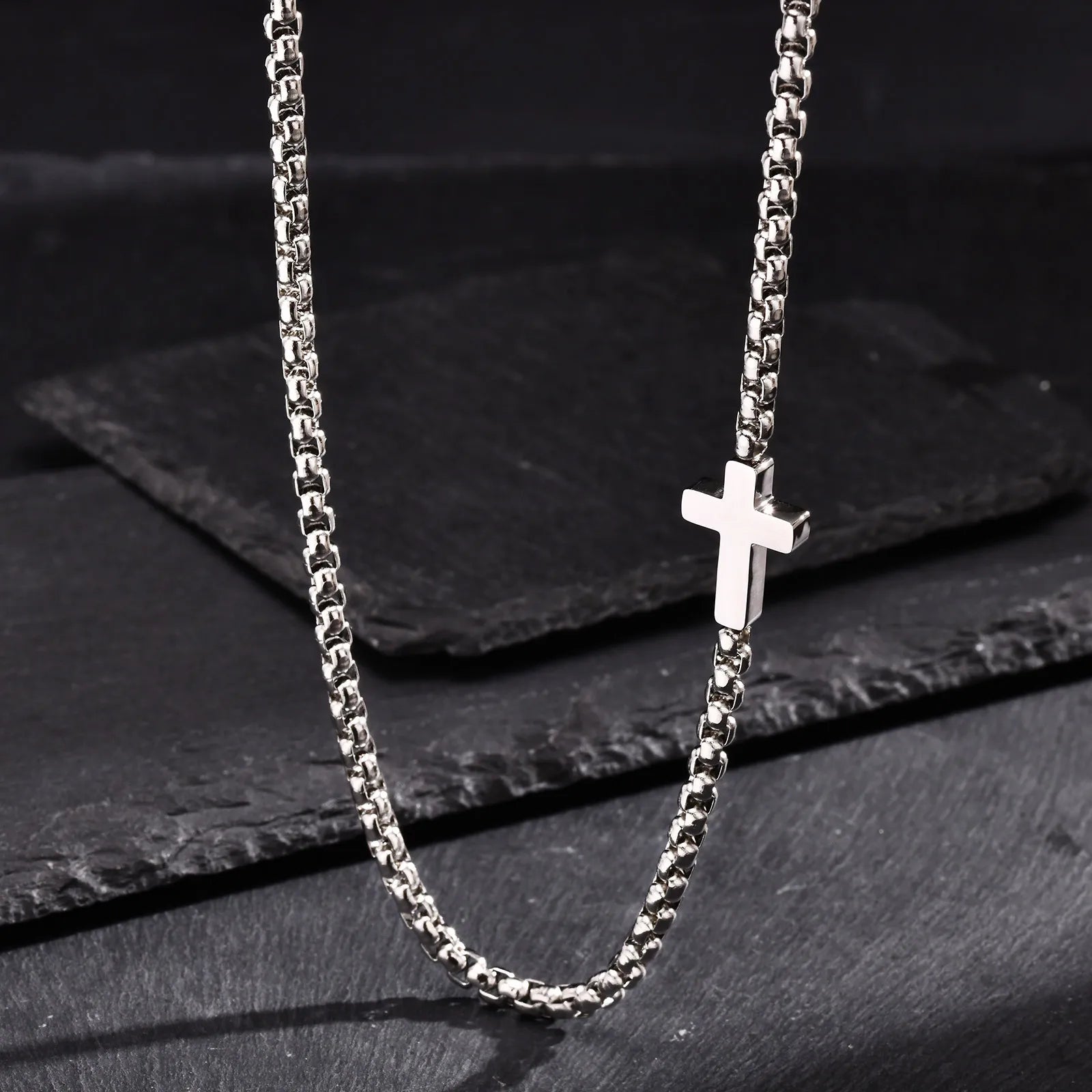 Cross Box Chain Pendant Necklace — Stainless Steel