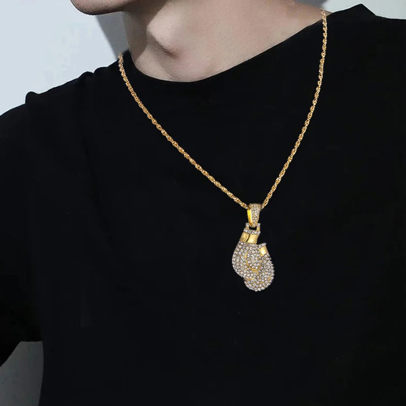 Gold Iced Out Boxing Gloves Pendant Necklace