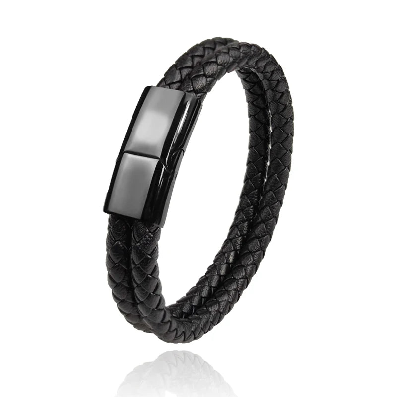 Double Leather Braided Charm Bracelet — Stainless Steel