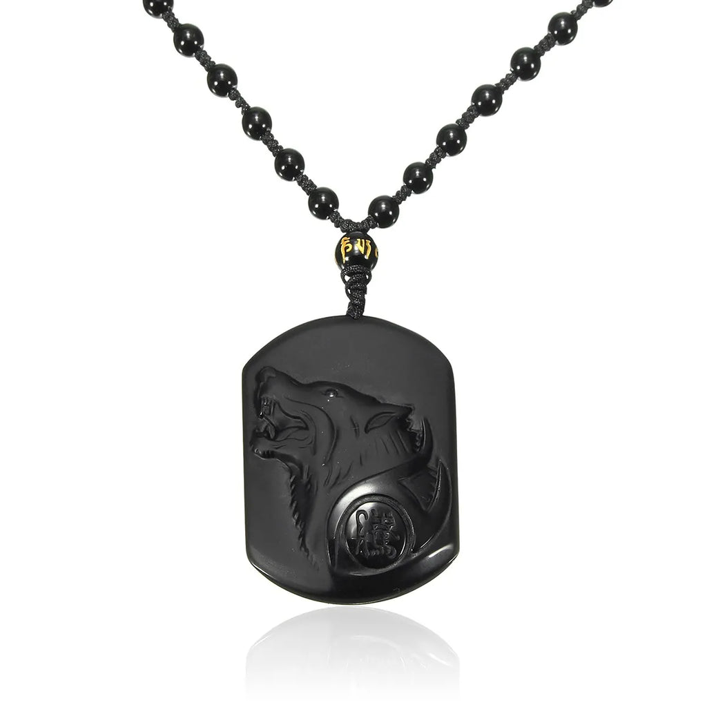 Obsidian Wolf Black Pendant Necklace