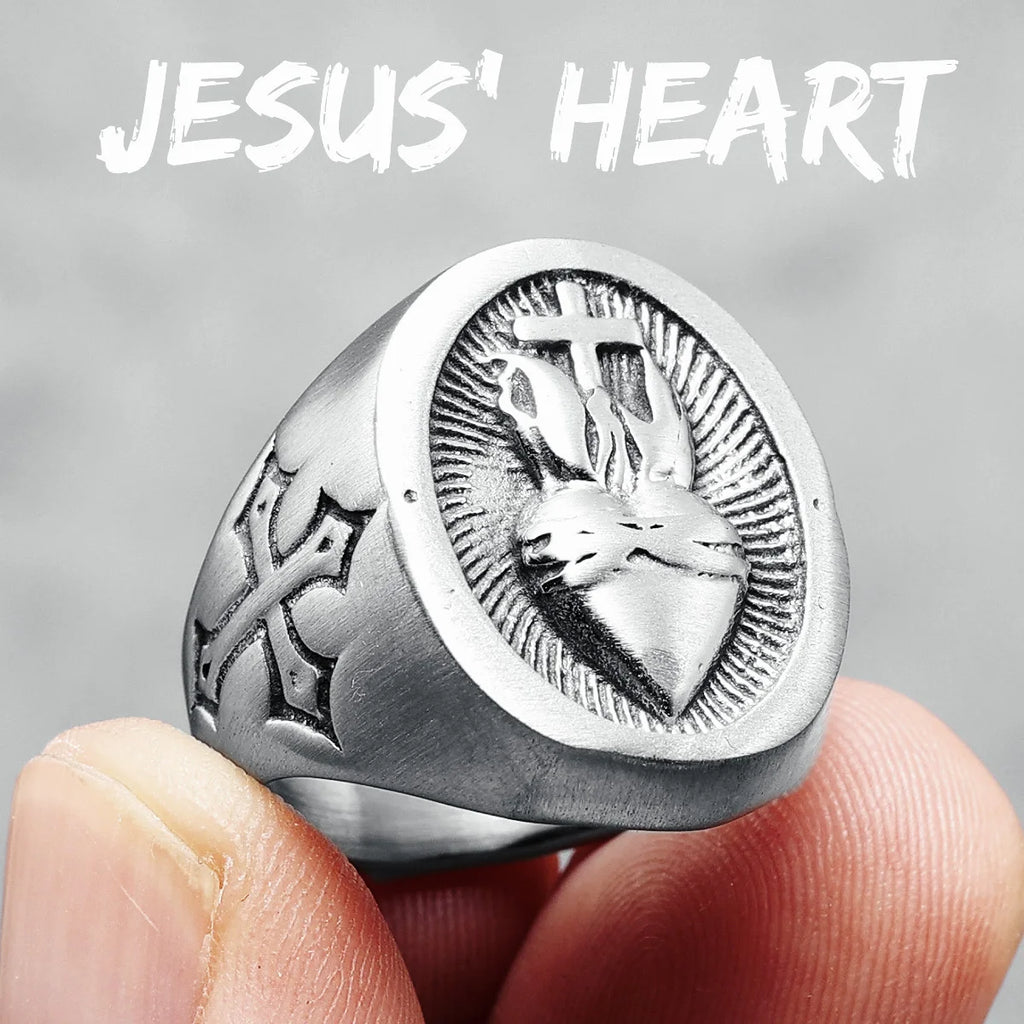 Heart of God Ring Religion Cross 316L Stainless Steel Mens Rings Amulet Rock for Male Boyfriend Biker Jewelry Gift
