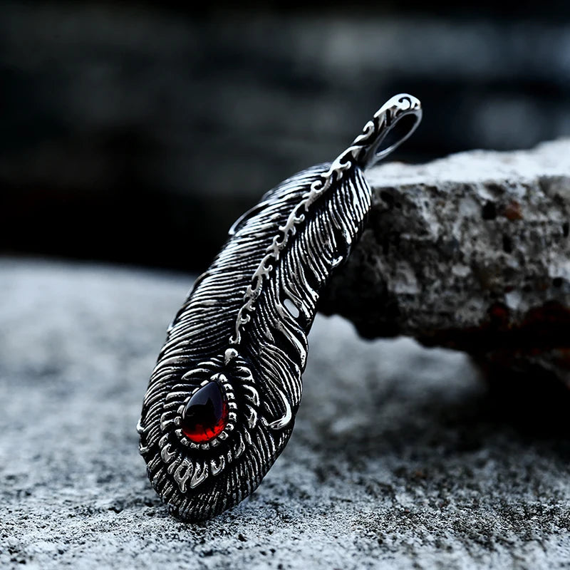 Iced Out Fire Feather Stainless Steel Pendant Necklace