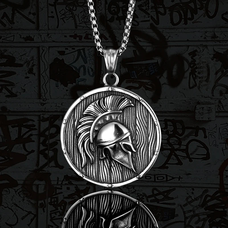 Spartan Shield Helmet Pendant Necklace — Retro, Stainless Steel