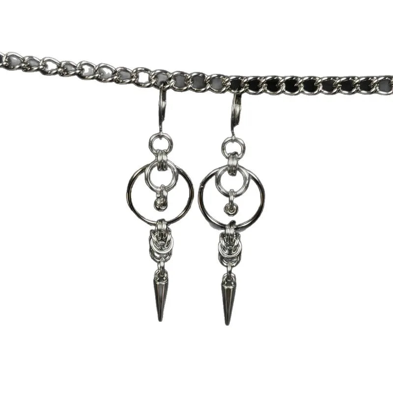 Silver-Tone Spike Rivet Tassel Double Circle Dangle Earrings