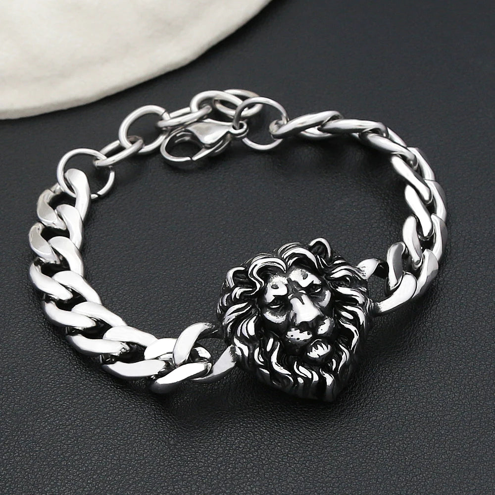 Vintage Domineering Tiger Lion Head Charm Bracelet For Men Women Stainless Steel Fashion Gothic Animal Jewelry Gift