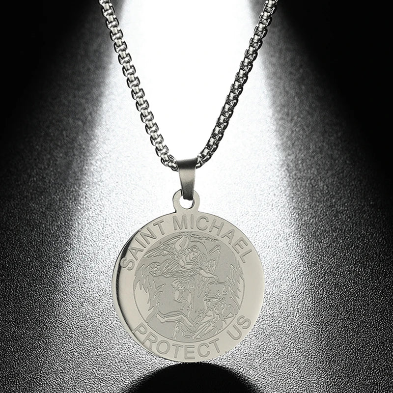 QIMING Dainty Saint George Pendant Necklace For Men Stainless Steel Warrior St. George's Dragon Medallion Mythology