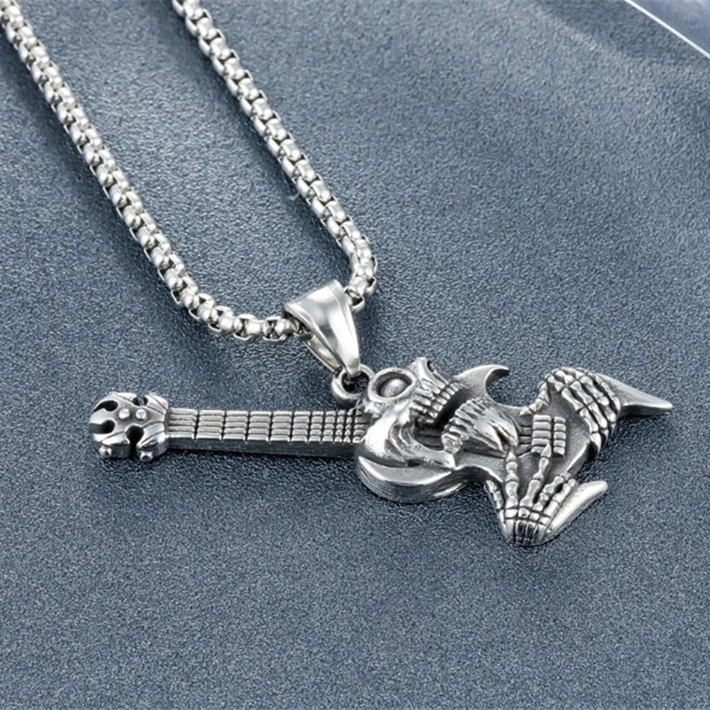 Hip Hop Rock Skeleton Men Guitar Instrument Pendant Necklace Retro Punk Silver Color Stainless Steel Chain Neck Jewelry Gifts