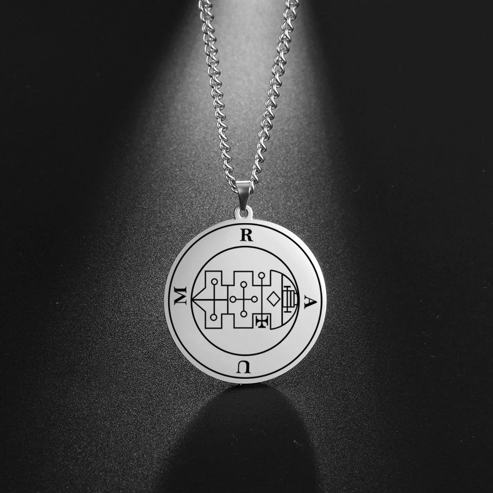 LIKGREAT Stainless Steel Lesser Key of King Solomon Occult Sigil 72 Demon Medalion Necklace for Men Women Pagan