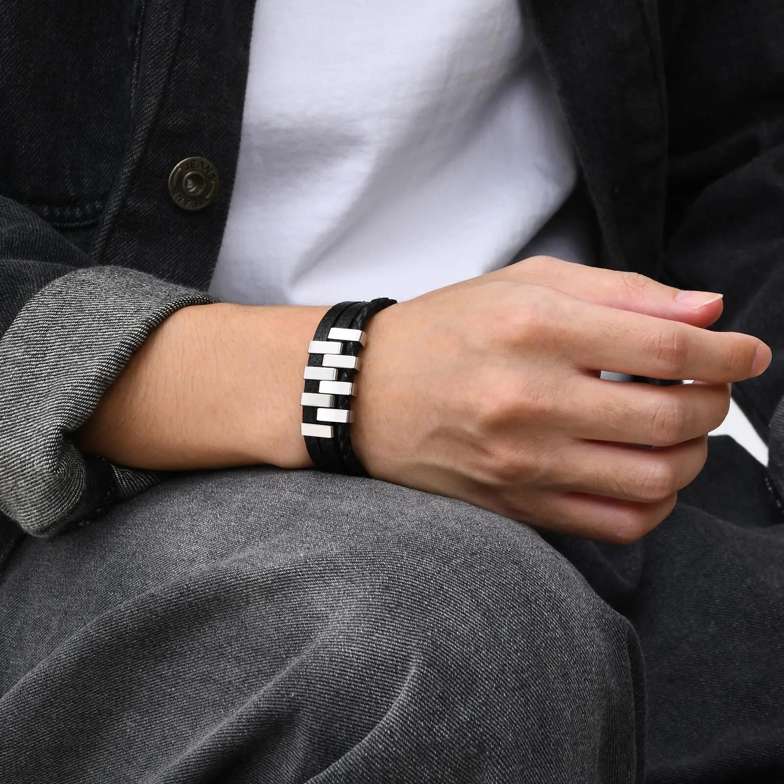 Leather 3-Layer Black Bracelet — Stainless Steel