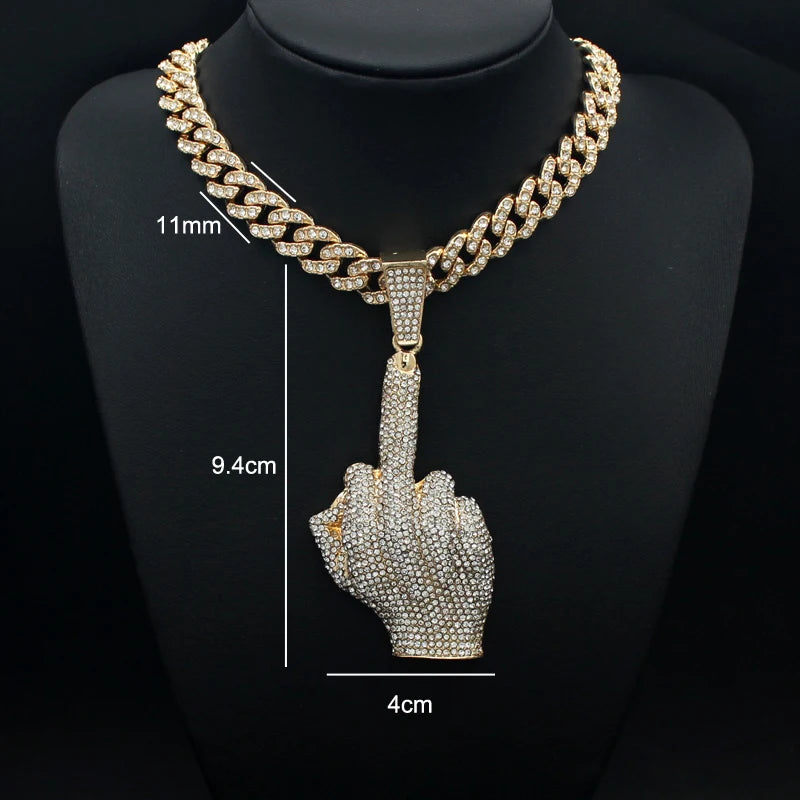 Hip Hop Big Polite Gesture Middle Finger Pendant Necklace with 11mm Crystal Cuban Chain HipHop Iced Out Necklaces Men