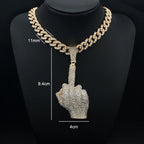 Hip Hop Big Polite Gesture Middle Finger Pendant Necklace with 11mm Crystal Cuban Chain HipHop Iced Out Necklaces Men