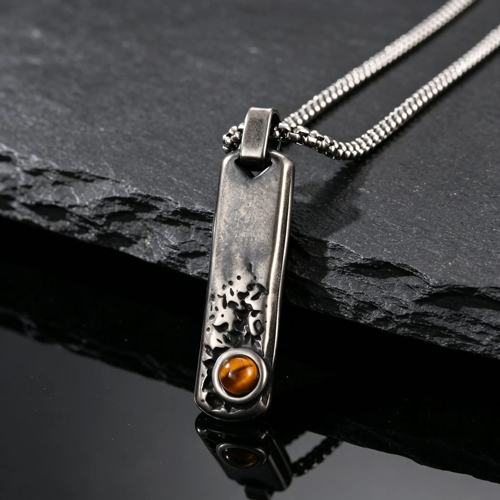 Vintage Men's Natural Stone Rectangle Pendant Necklace,Grey Stainless Steel Thin Bar Necklace,Birthday Party Jewelry