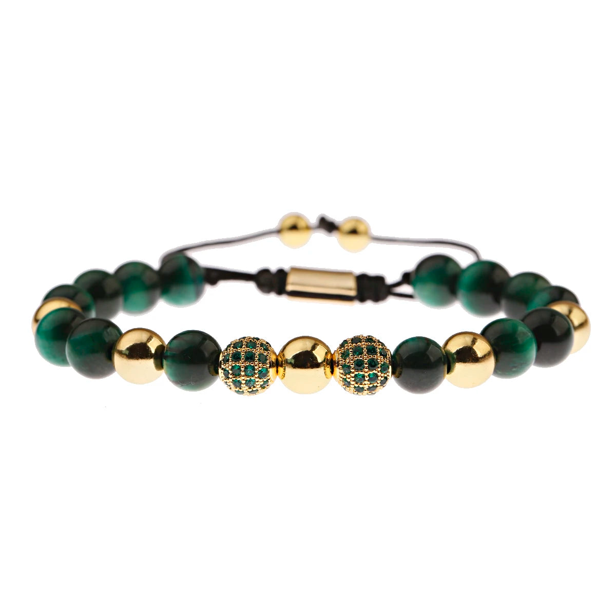 Black CZ Pave Ball Beaded Bracelet for Men — Adjustable Weave
