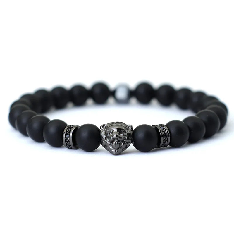 Noter Hiphop Men Bracelet Beaded 8mm Onyx Stone Braclet Wolf Lion Animal Braslet Punk Jewelry Pirate Skull Brazalete