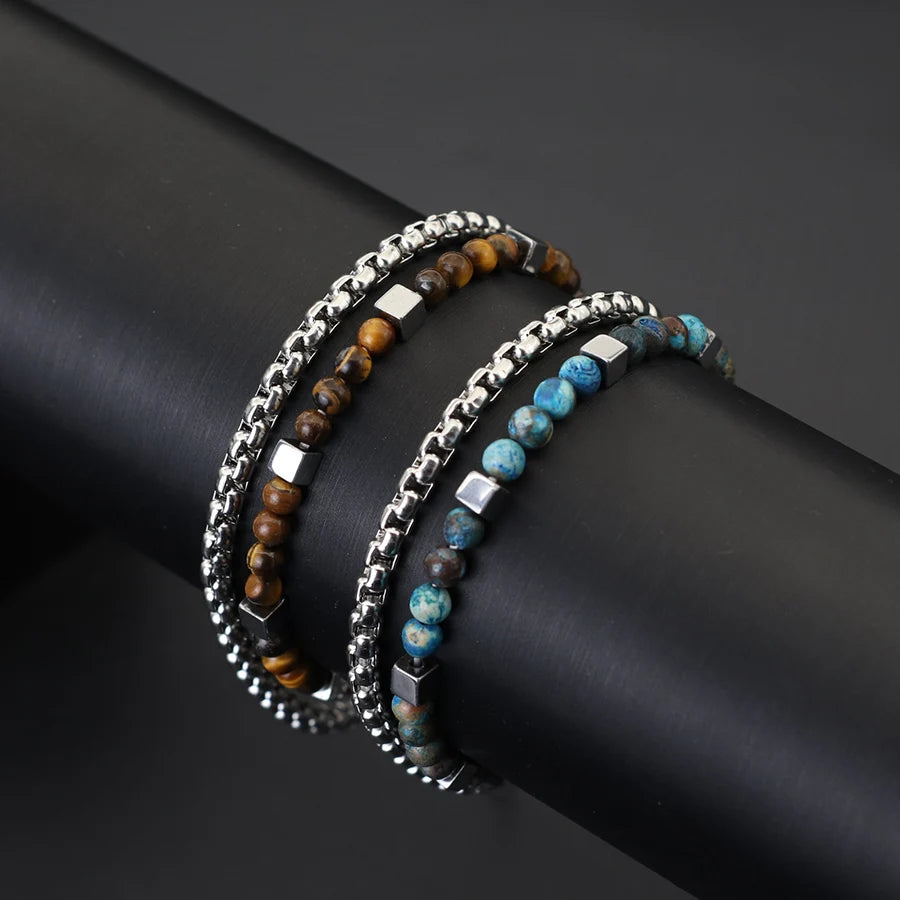 Punk 2Pcs/set Natural Stone Bracelet Men Stainless Steel Chain Tiger Eyes Hematite Beaded Braslet Cool Boyfriend Gifts For Him