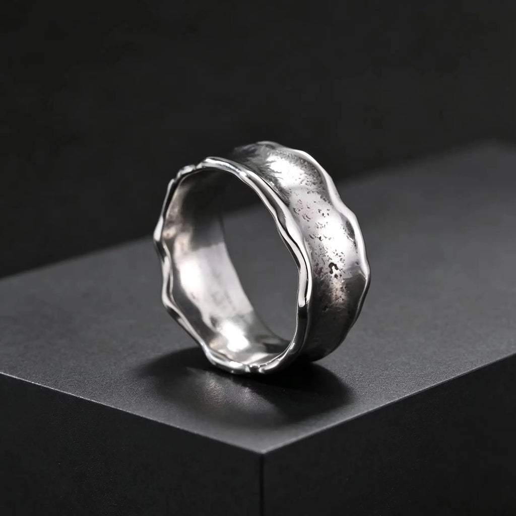 Men's Stainless Steel Vintage Irregular Hammered Ring High Polished 8mm Wide Band Ring Fashion Statement Jewelry Gift for Men