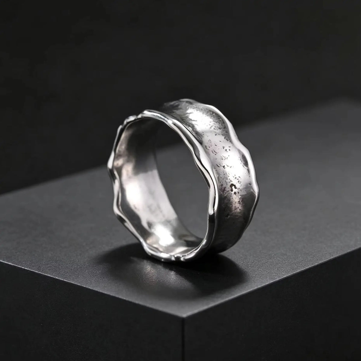 Men's Stainless Steel Vintage Irregular Hammered Ring High Polished 8mm Wide Band Ring Fashion Statement Jewelry Gift for Men