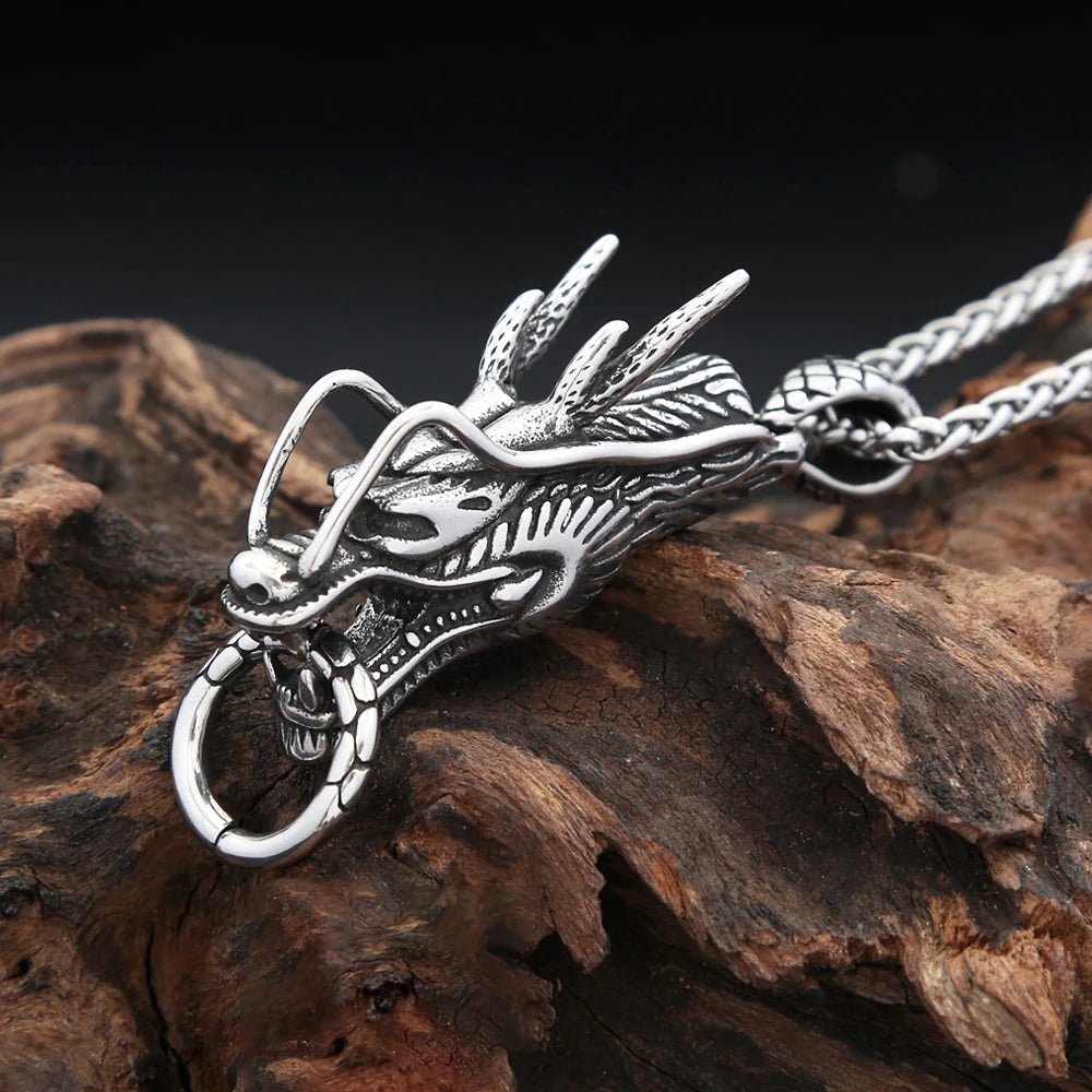 Dragon Silver Pendant Punk Vintage Head Animal