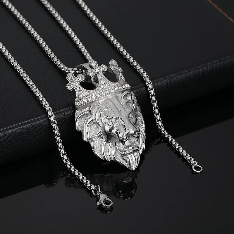 Iced Out Cross Crown Lion Necklace — Stainless Steel