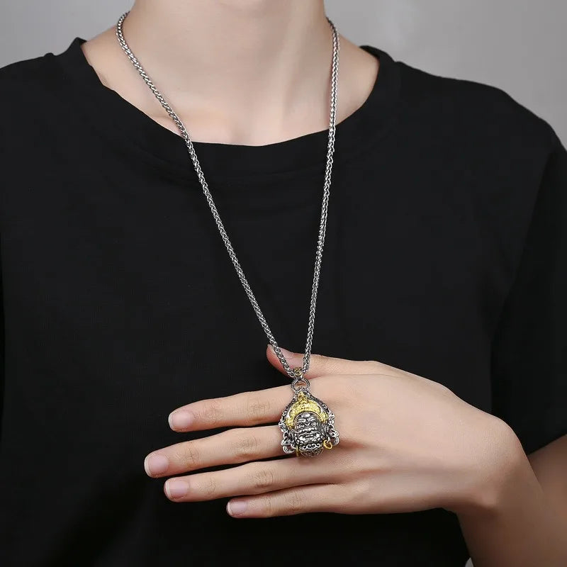 Vintage Plated Thai Silver Yellow God of Wealth Necklace, Gilded Buddha Statue Pendant, Holiday Birthday Gift